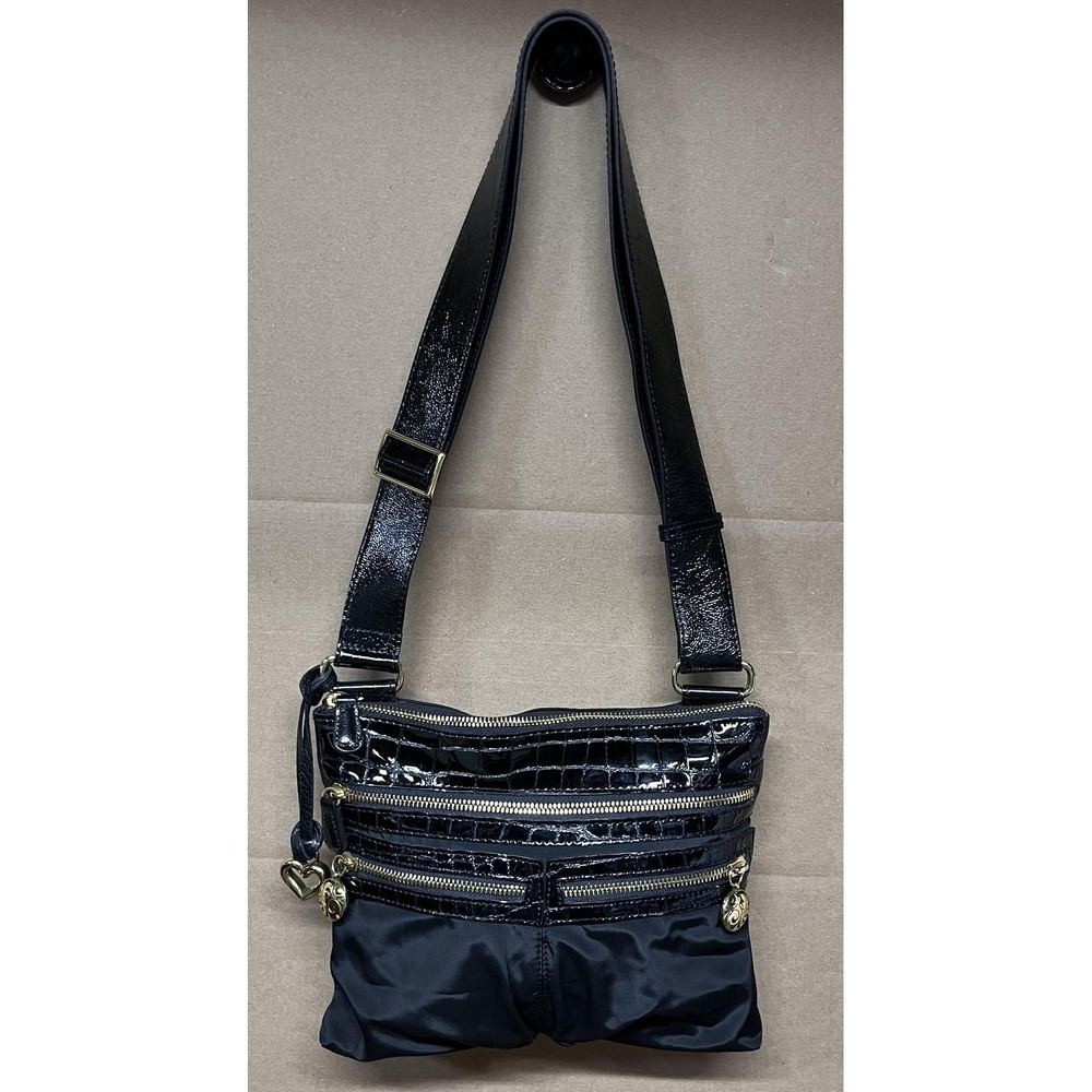 Brighton Crossbody Bag Womens Small‎ Black Croc Nylon Zip Pockets Heart Charm